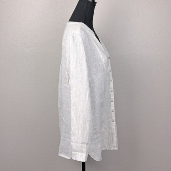 Sundance Linen Tuxedo Bib Tunic Top Stripe Long Sleeve Button-up Cream Blouse LP - Picture 6 of 8